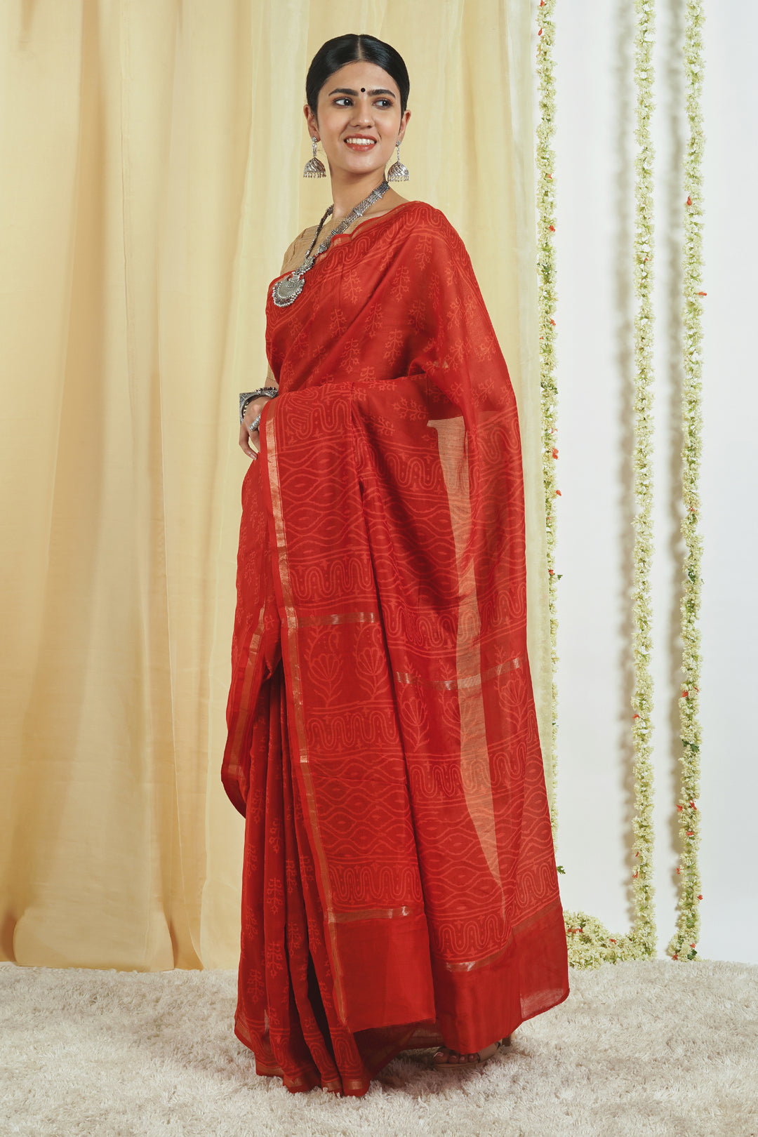 Teejh Trinetra Red Block Print Chanderi Silk Saree With Blouse Piece