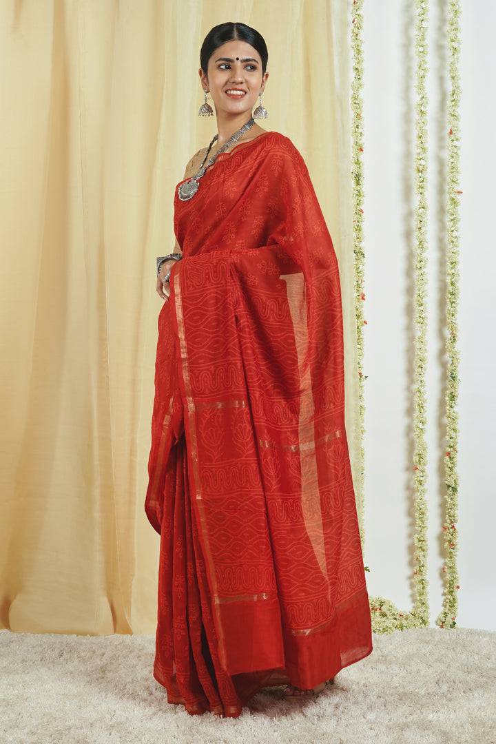 Teejh Trinetra Red Block Print Chanderi Silk Saree With Blouse Piece