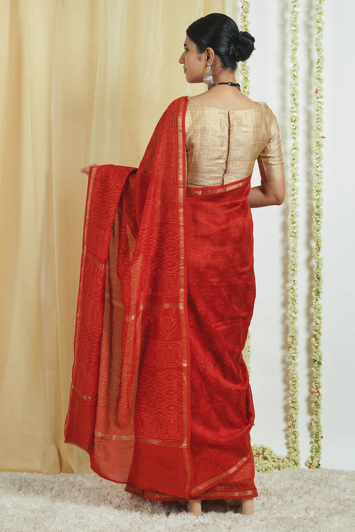Teejh Trinetra Red Block Print Chanderi Silk Saree With Blouse Piece