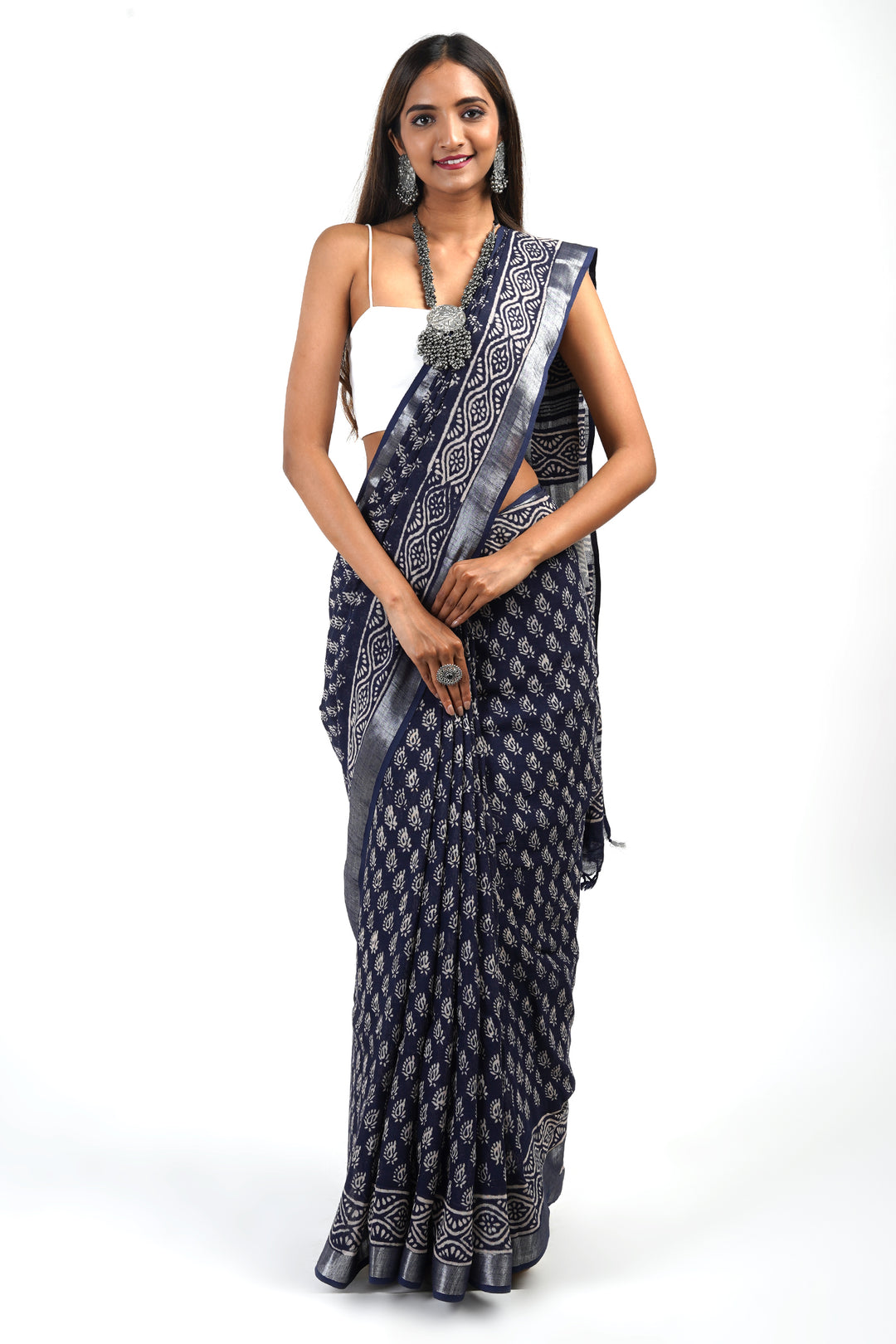 Teejh Meira Indigo Block Print Linen Saree With Blouse Piece