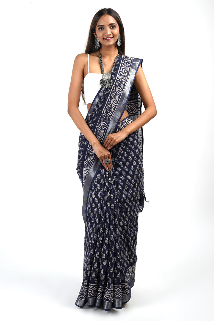 Teejh Meira Indigo Block Print Linen Saree With Blouse Piece