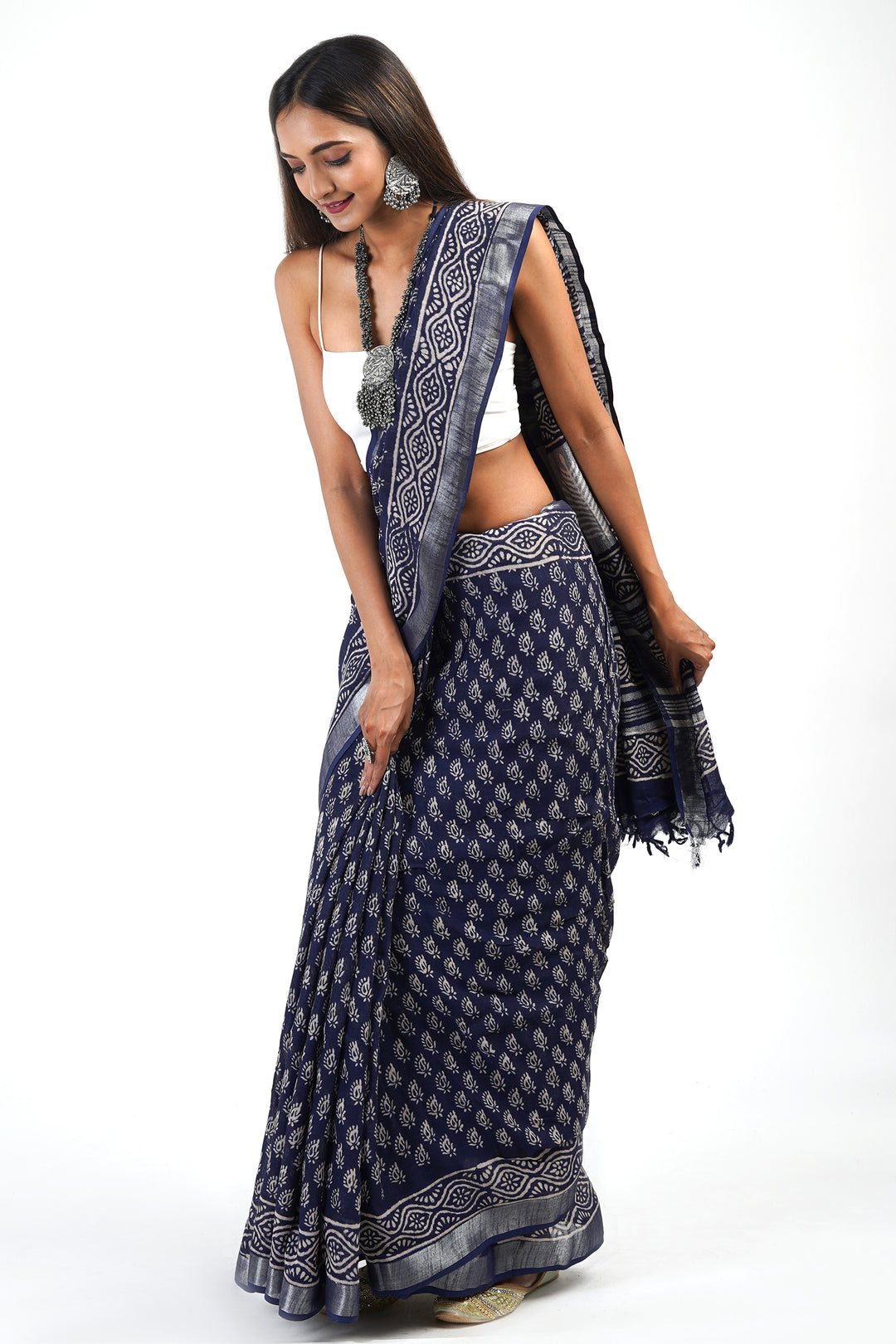 Teejh Meira Indigo Block Print Linen Saree With Blouse Piece