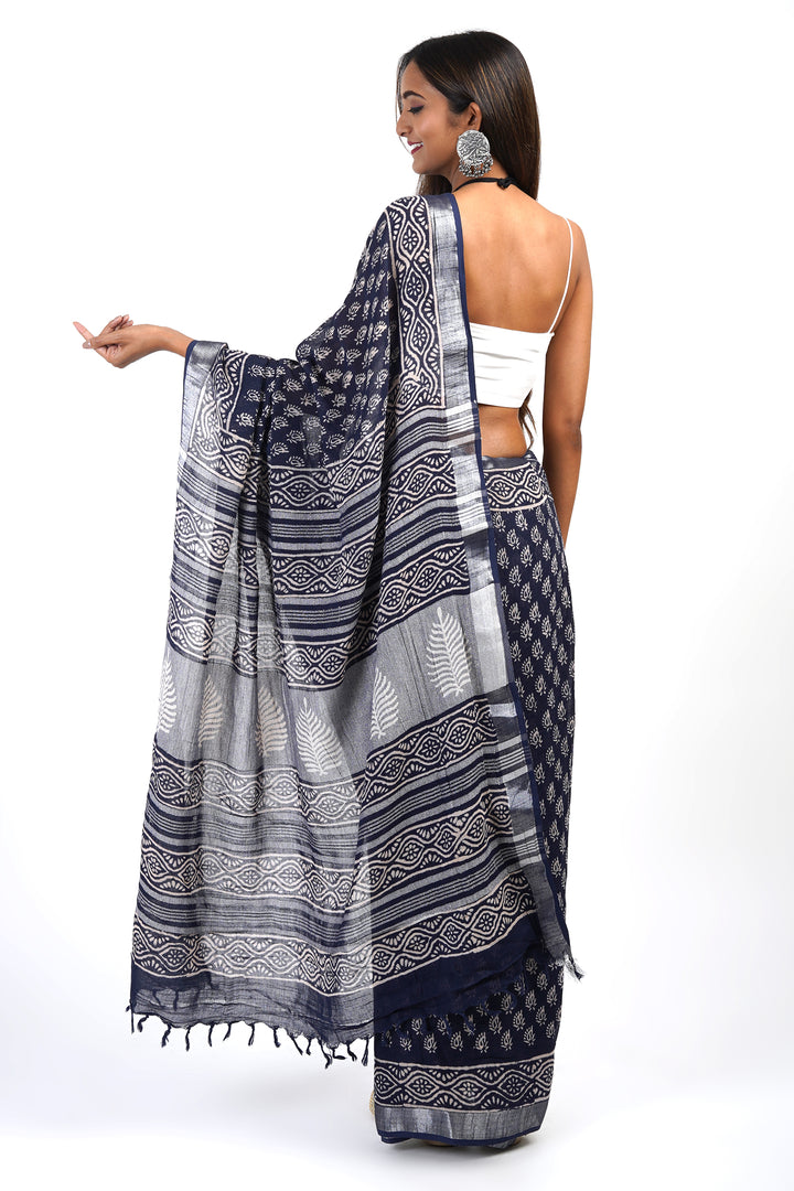 Teejh Meira Indigo Block Print Linen Saree With Blouse Piece