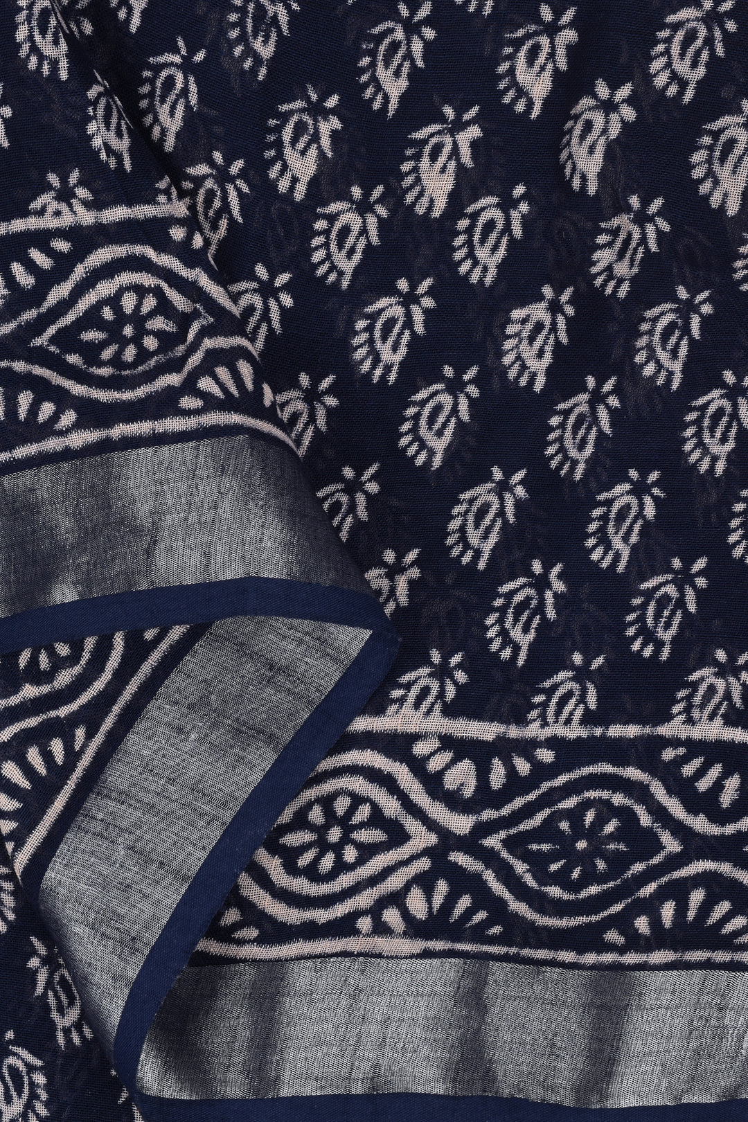 Teejh Meira Indigo Block Print Linen Saree With Blouse Piece