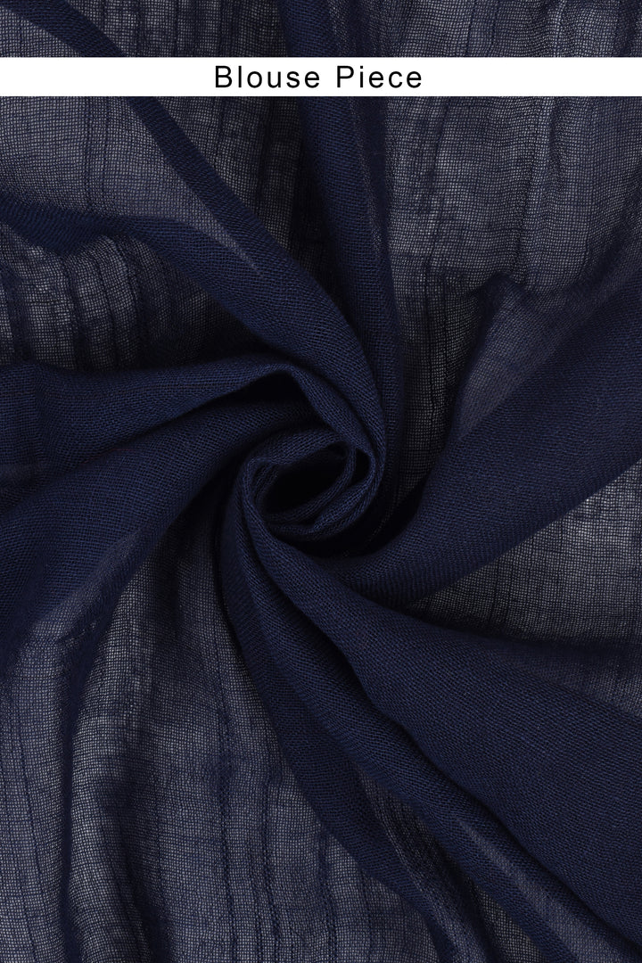 Teejh Meira Indigo Block Print Linen Saree With Blouse Piece