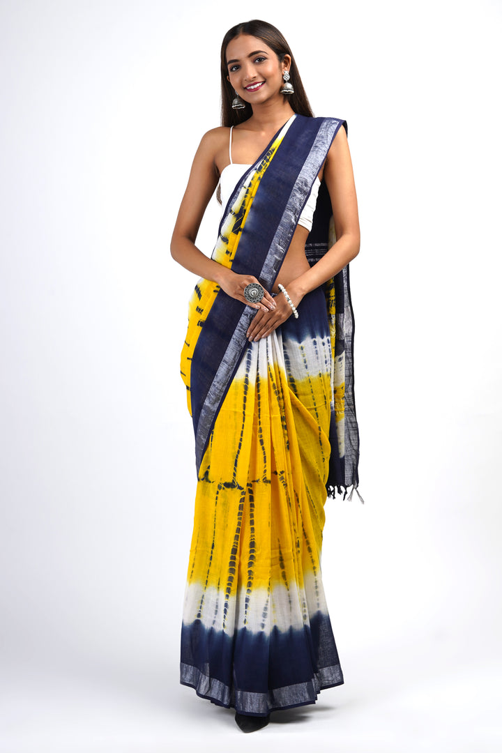 Teejh Suneheri Blue and Yellow Tie and Dye Linen Cotton Saree With Blouse Piece