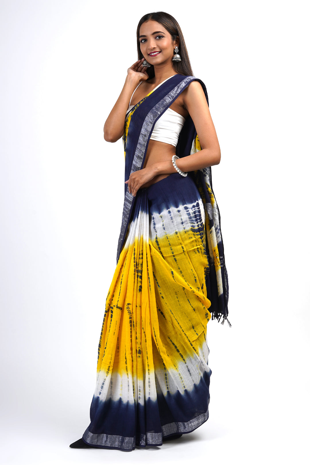 Teejh Suneheri Blue and Yellow Tie and Dye Linen Cotton Saree With Blouse Piece