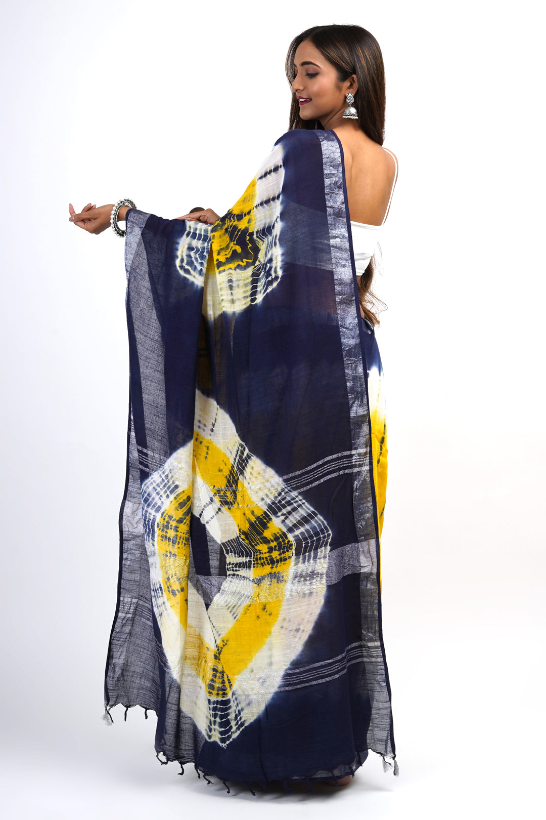 Teejh Suneheri Blue and Yellow Tie and Dye Linen Cotton Saree With Blouse Piece