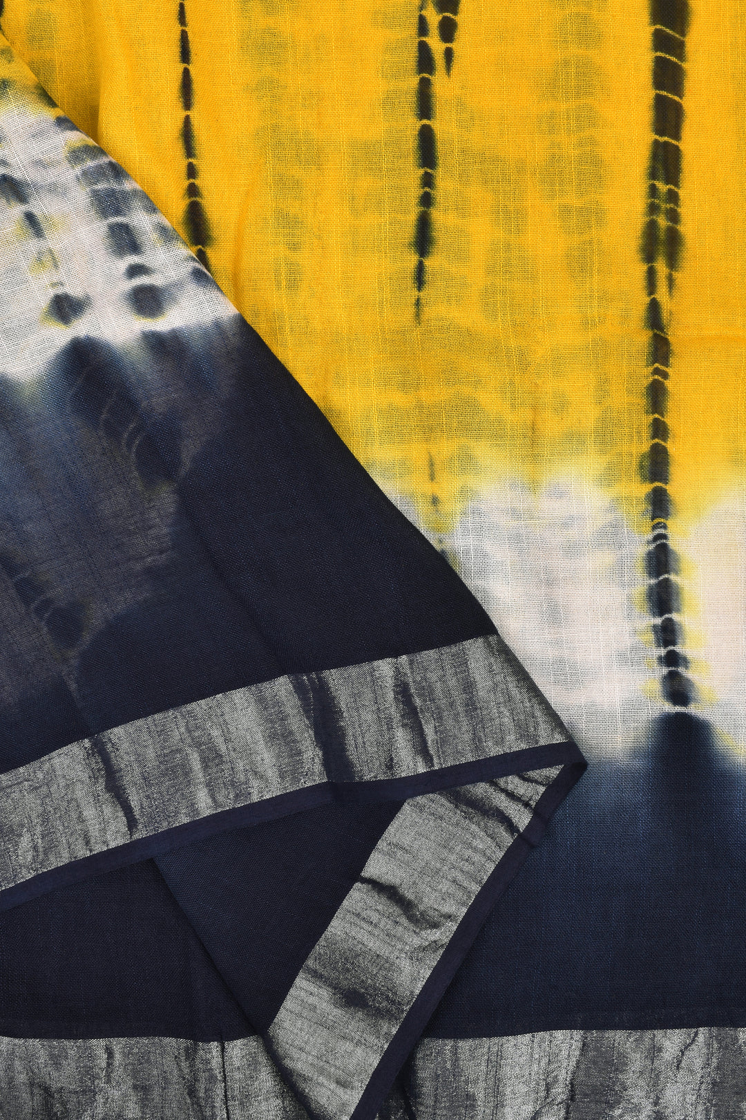 Teejh Suneheri Blue and Yellow Tie and Dye Linen Cotton Saree With Blouse Piece