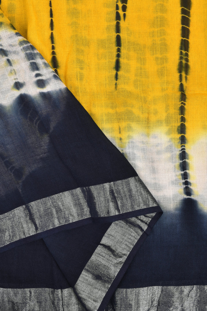 Teejh Suneheri Blue and Yellow Tie and Dye Linen Cotton Saree With Blouse Piece