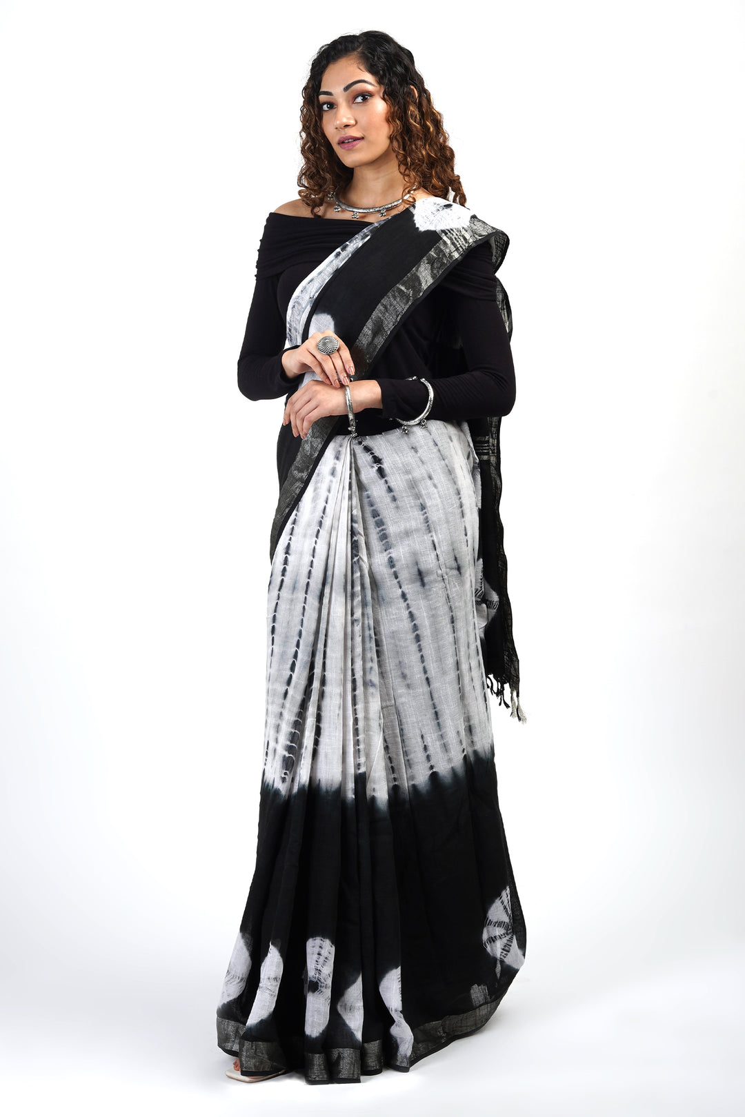 Teejh Midnight Sky Black and White Tie Dye Linen Cotton Saree With Blouse Piece