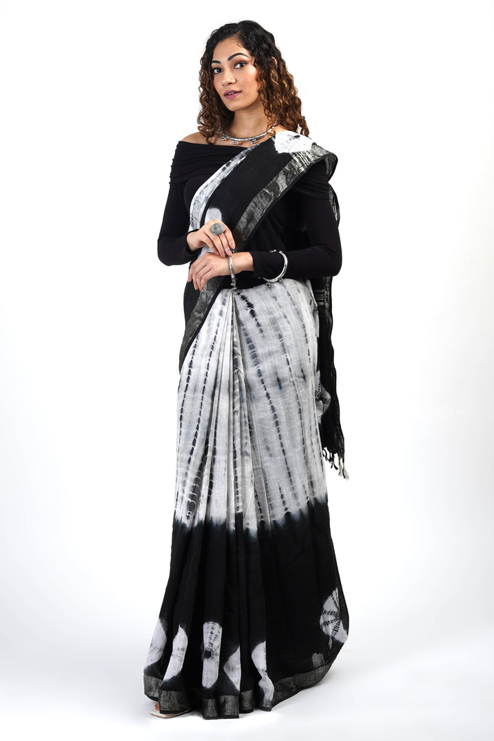 Teejh Midnight Sky Black and White Tie Dye Linen Cotton Saree With Blouse Piece