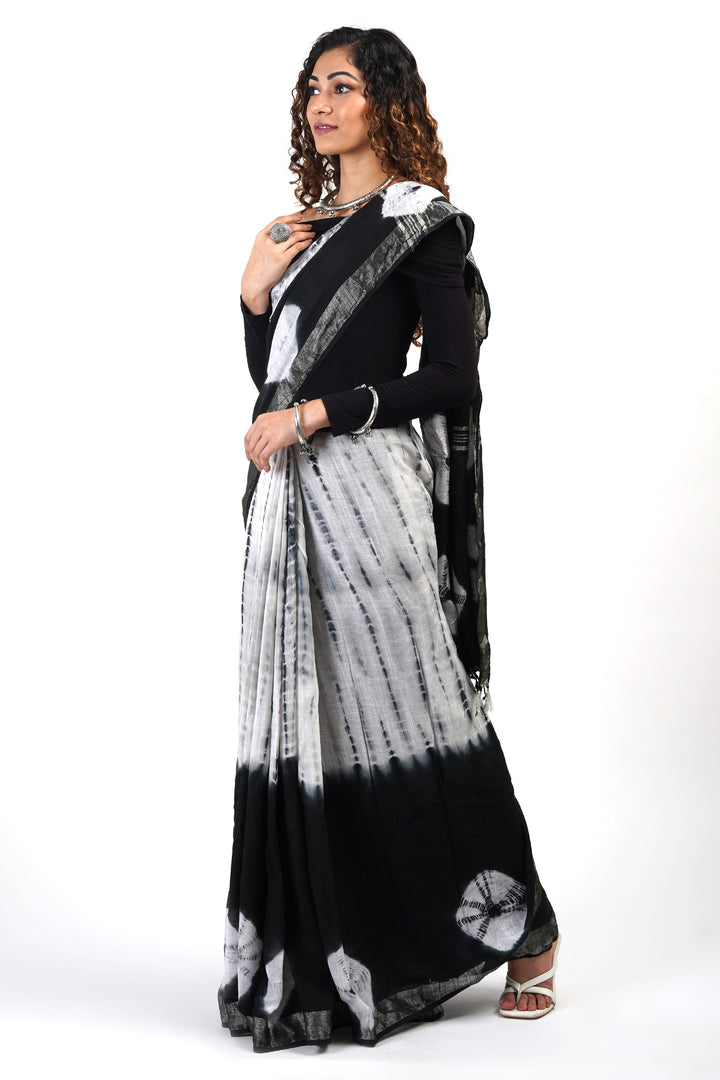 Teejh Midnight Sky Black and White Tie Dye Linen Cotton Saree With Blouse Piece