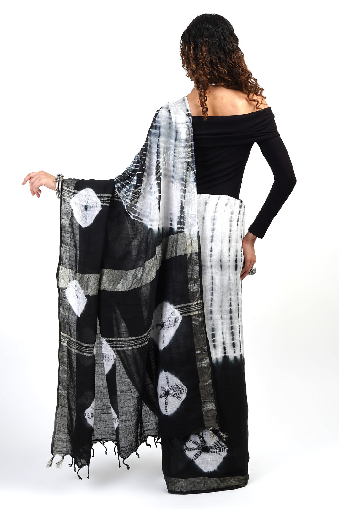 Teejh Midnight Sky Black and White Tie Dye Linen Cotton Saree With Blouse Piece