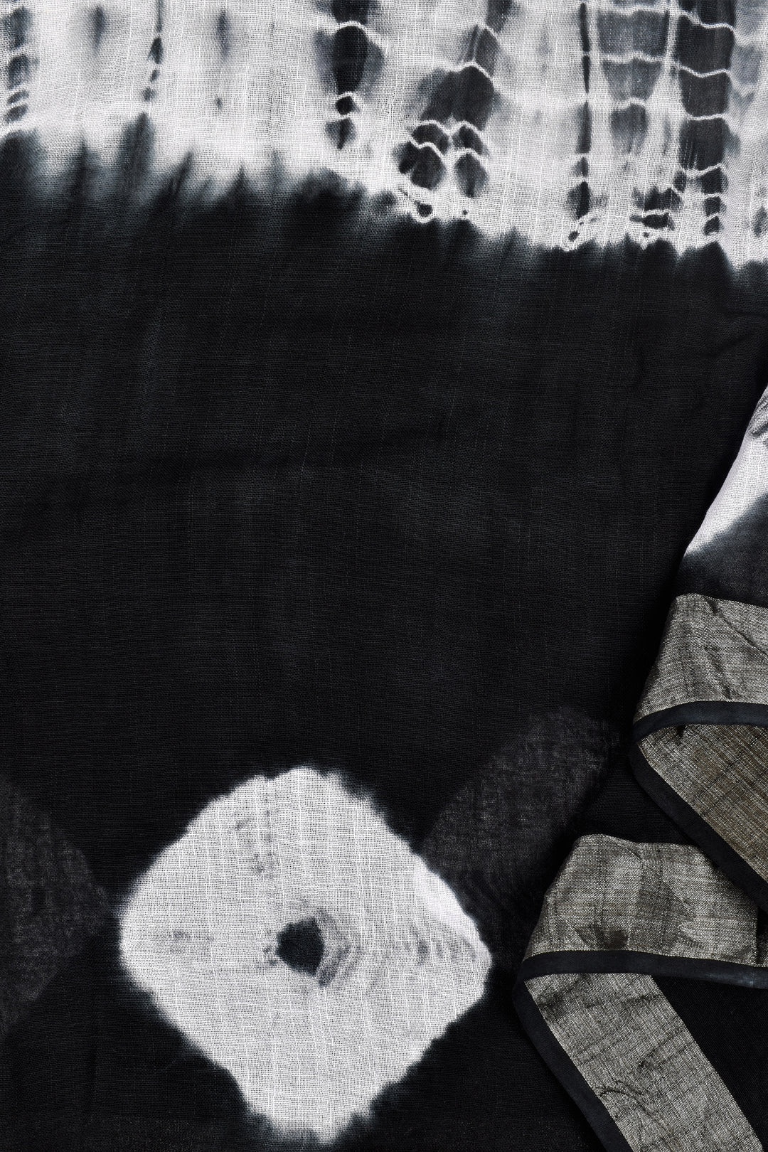 Teejh Midnight Sky Black and White Tie Dye Linen Cotton Saree With Blouse Piece