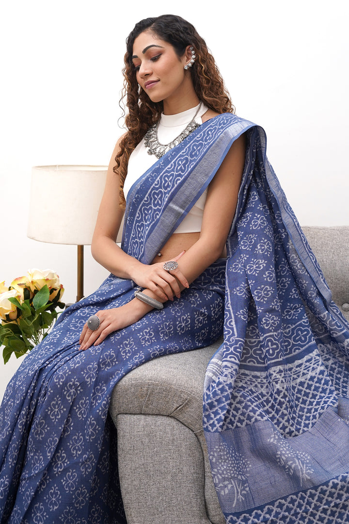 Teejh Aasmani Blue Block Print Linen Cotton Saree With Blouse Piece