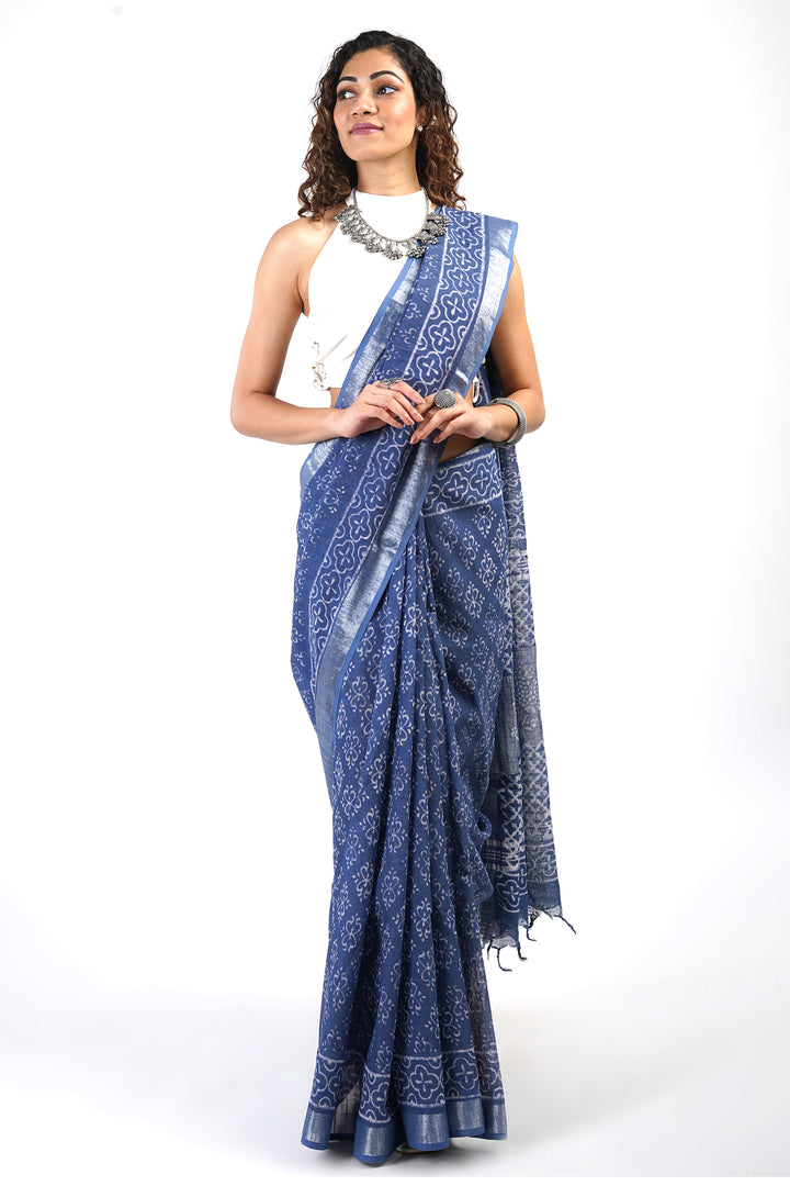 Teejh Aasmani Blue Block Print Linen Cotton Saree With Blouse Piece