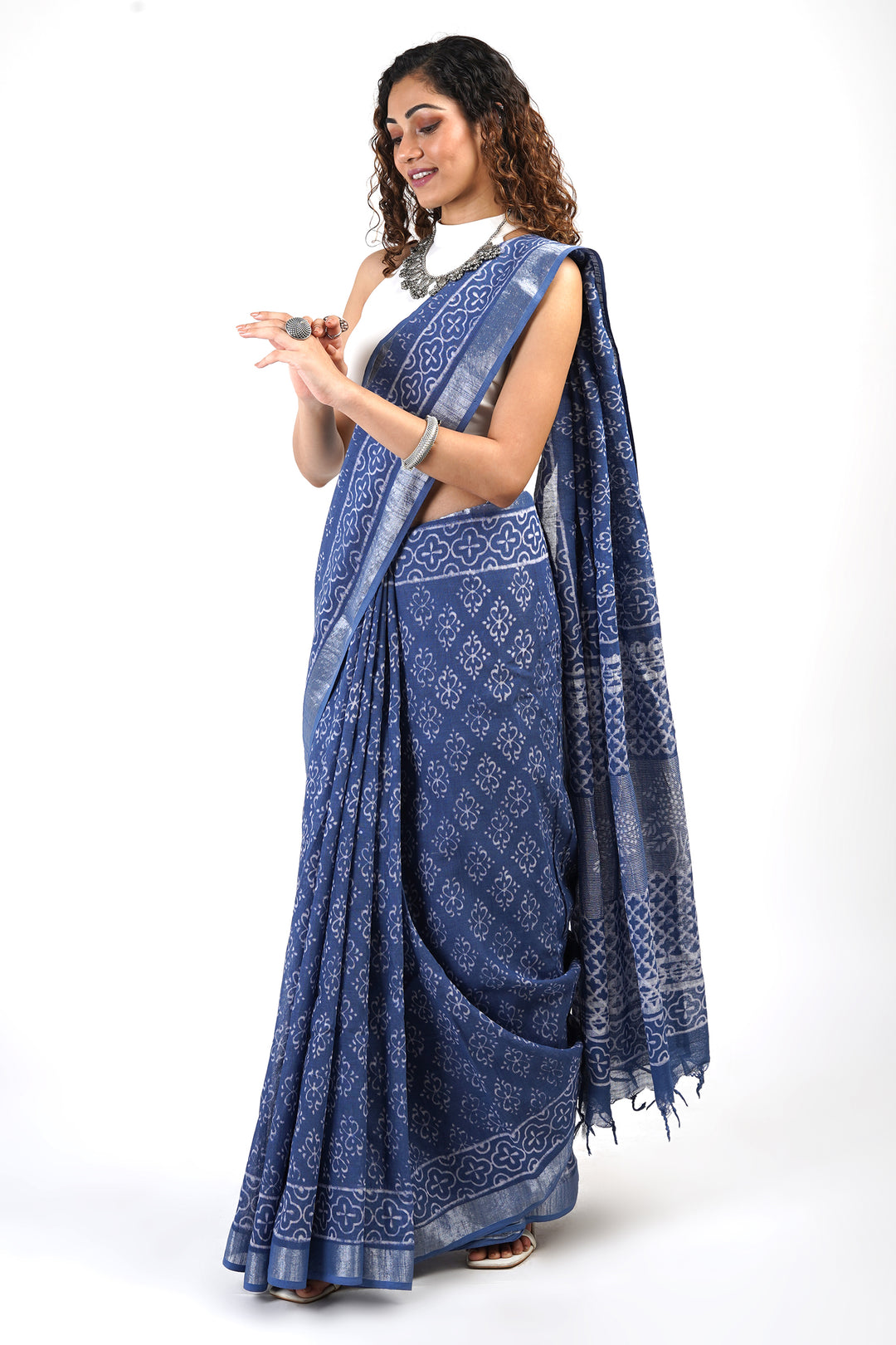 Teejh Aasmani Blue Block Print Linen Cotton Saree With Blouse Piece