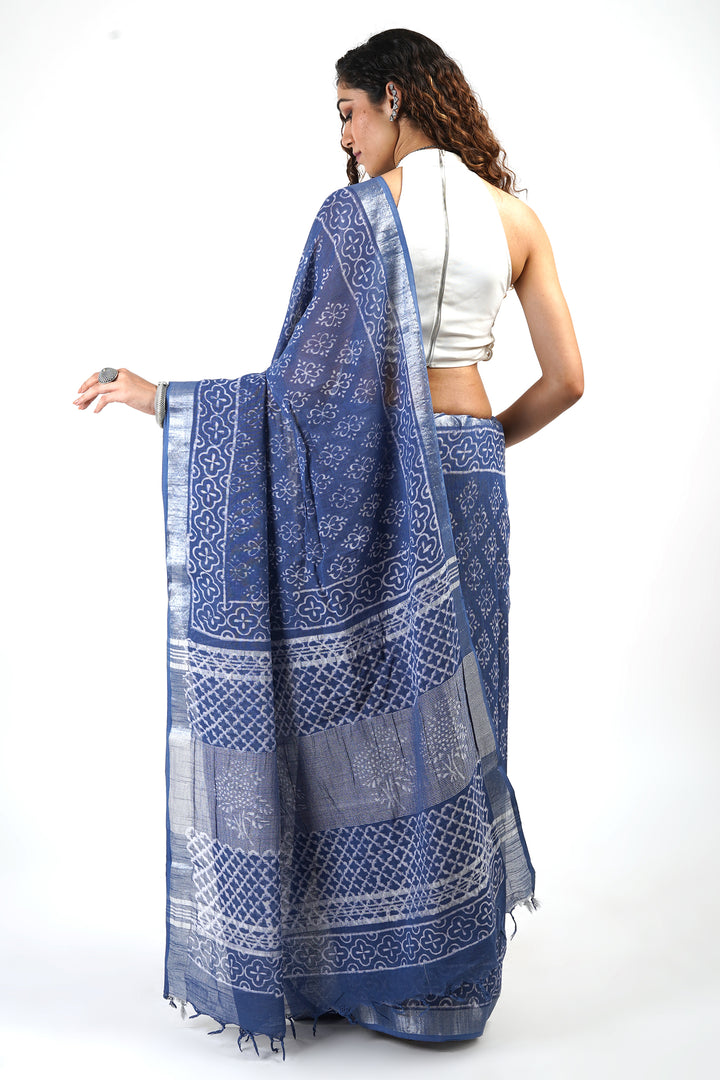 Teejh Aasmani Blue Block Print Linen Cotton Saree With Blouse Piece