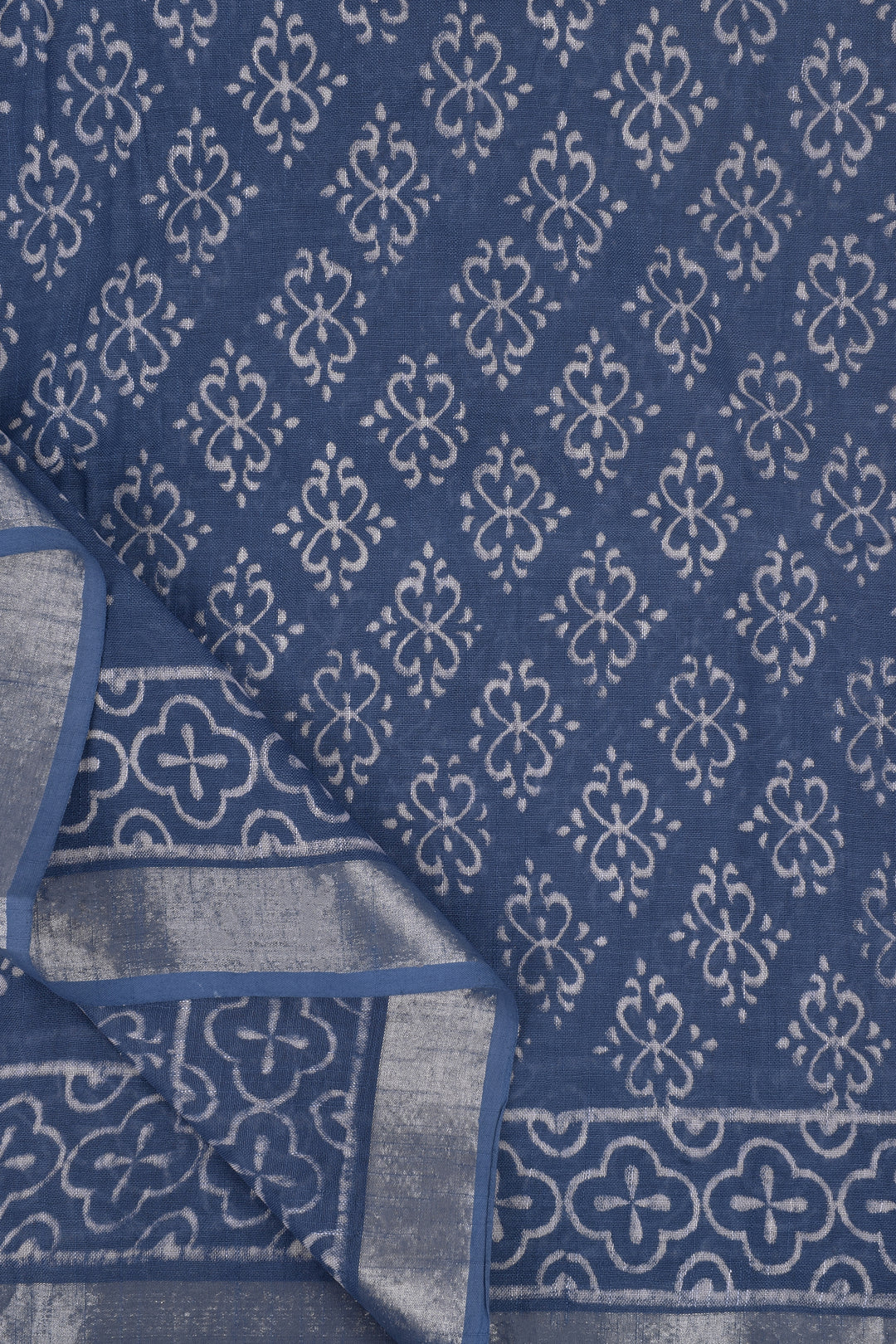 Teejh Aasmani Blue Block Print Linen Cotton Saree With Blouse Piece