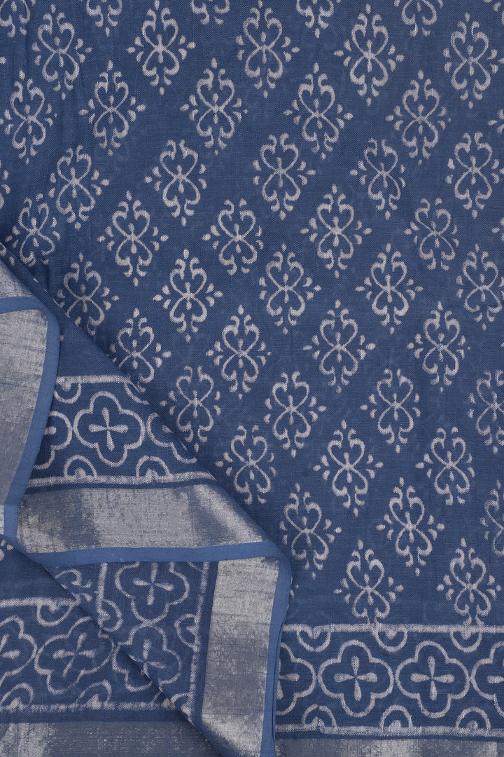 Teejh Aasmani Blue Block Print Linen Cotton Saree With Blouse Piece