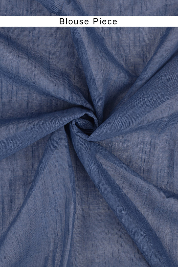 Teejh Aasmani Blue Block Print Linen Cotton Saree With Blouse Piece