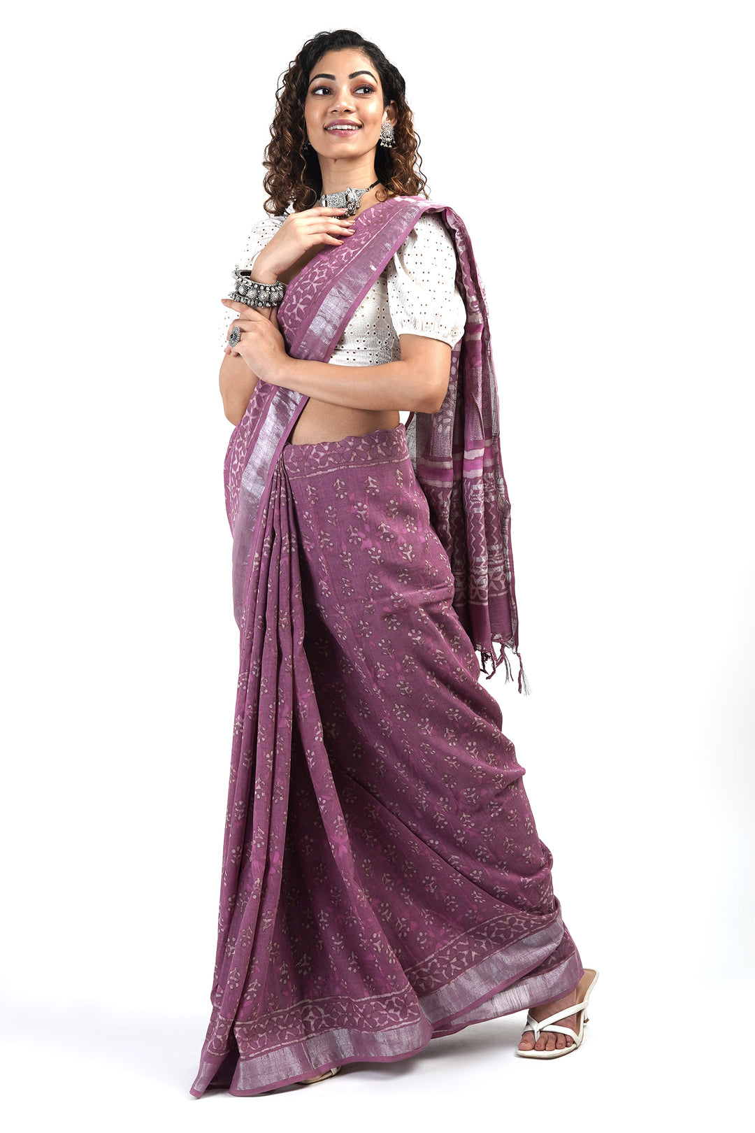 Teejh Tint of Tulip Block Print Linen Cotton Saree With Blouse Piece