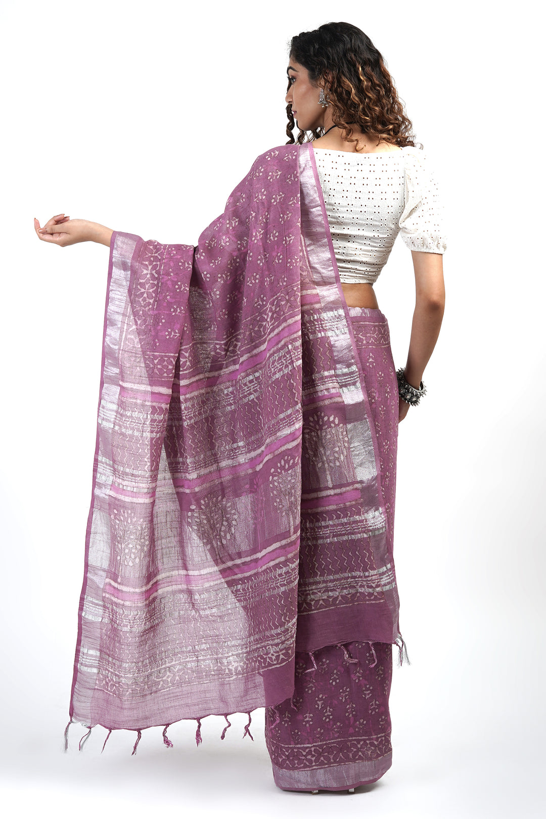 Teejh Tint of Tulip Block Print Linen Cotton Saree With Blouse Piece