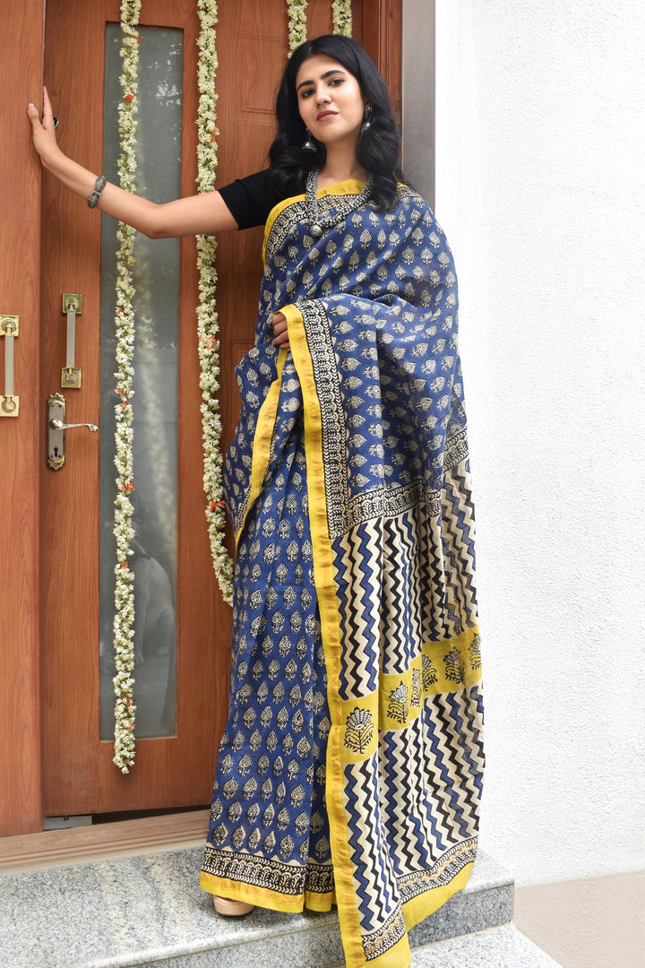 Teejh Jheel Blue Block Print Chanderi Cotton Saree With Blouse Piece