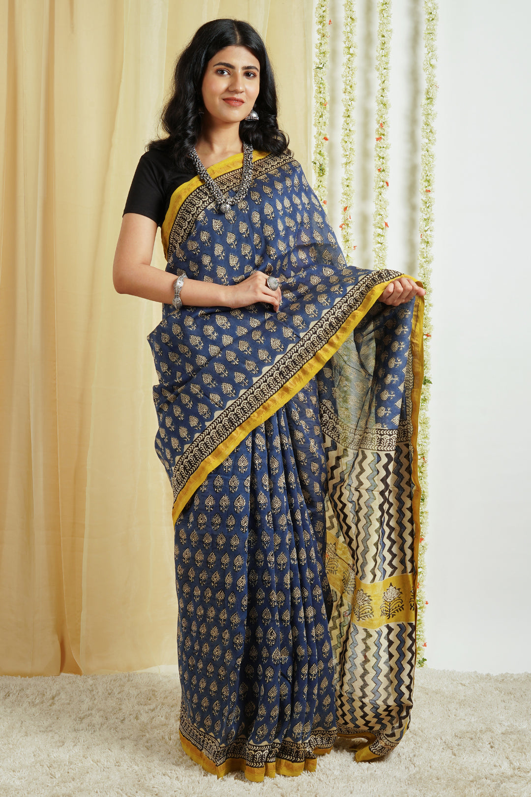 Teejh Jheel Blue Block Print Chanderi Cotton Saree With Blouse Piece