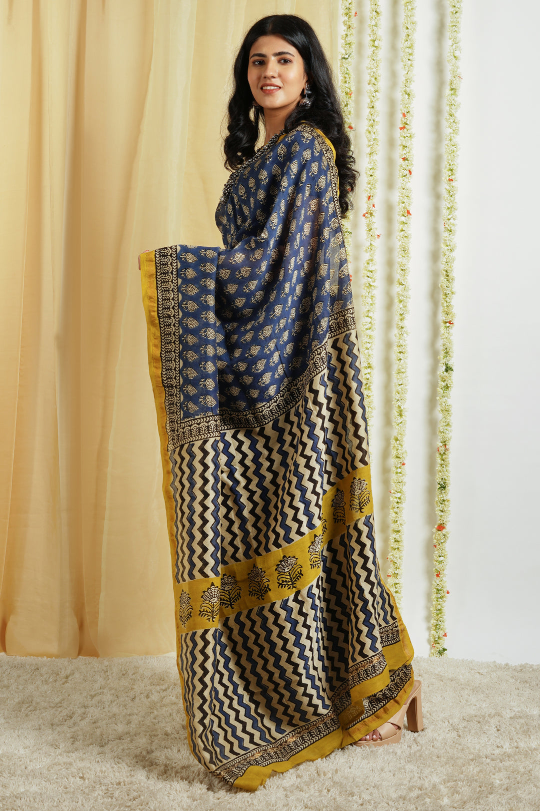 Teejh Jheel Blue Block Print Chanderi Cotton Saree With Blouse Piece