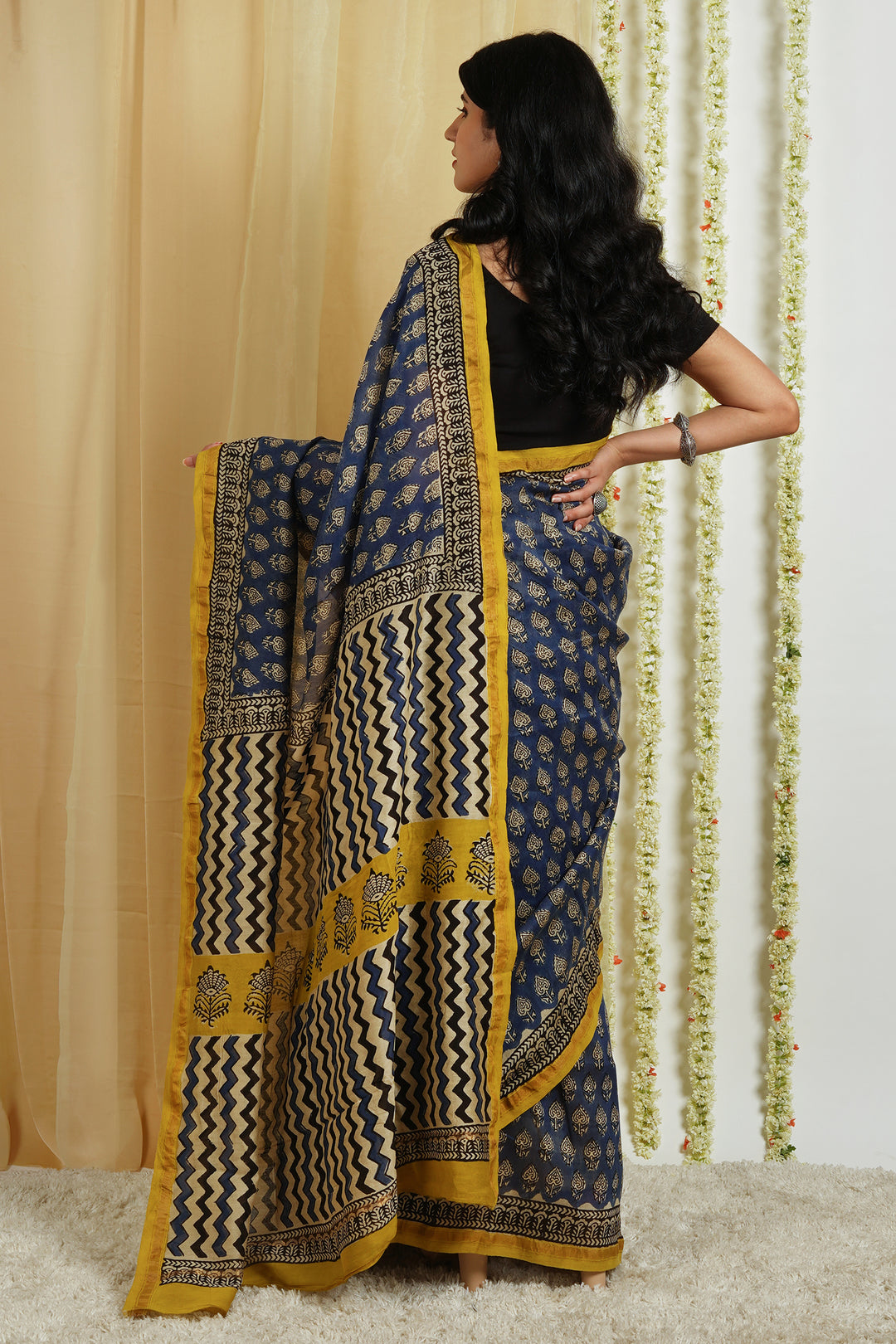 Teejh Jheel Blue Block Print Chanderi Cotton Saree With Blouse Piece