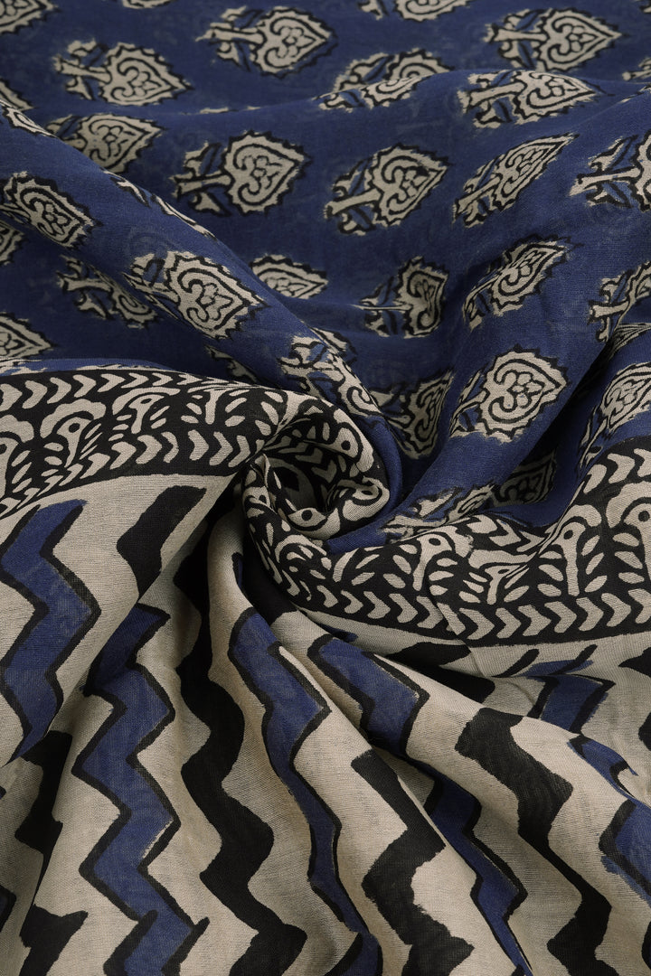 Teejh Jheel Blue Block Print Chanderi Cotton Saree With Blouse Piece