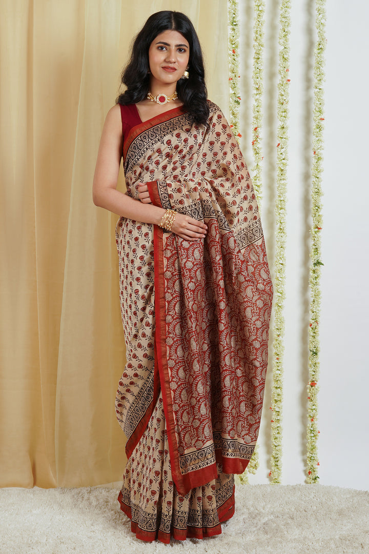 Teejh Vaidehi Beige Block Print Chanderi Cotton Saree With Blouse Piece