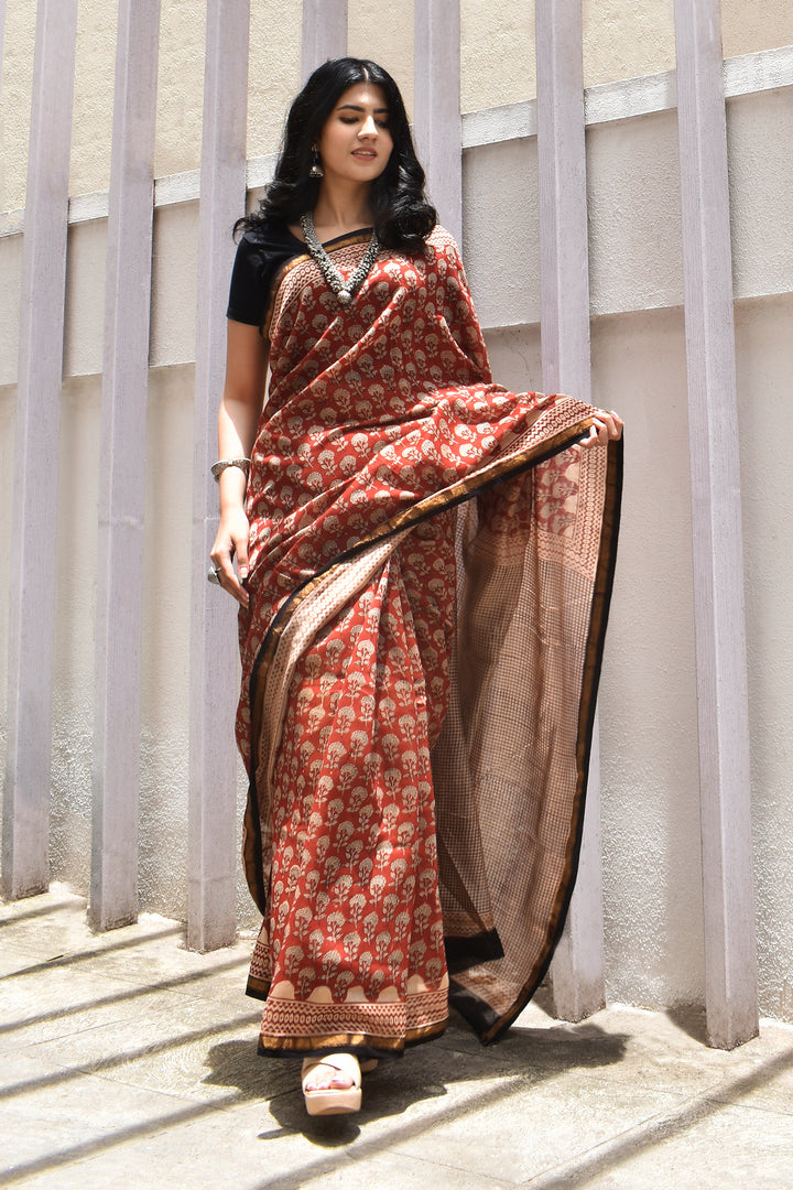 Teejh Rustic Maroon Block Print Chanderi Cotton Saree With Blouse Piece