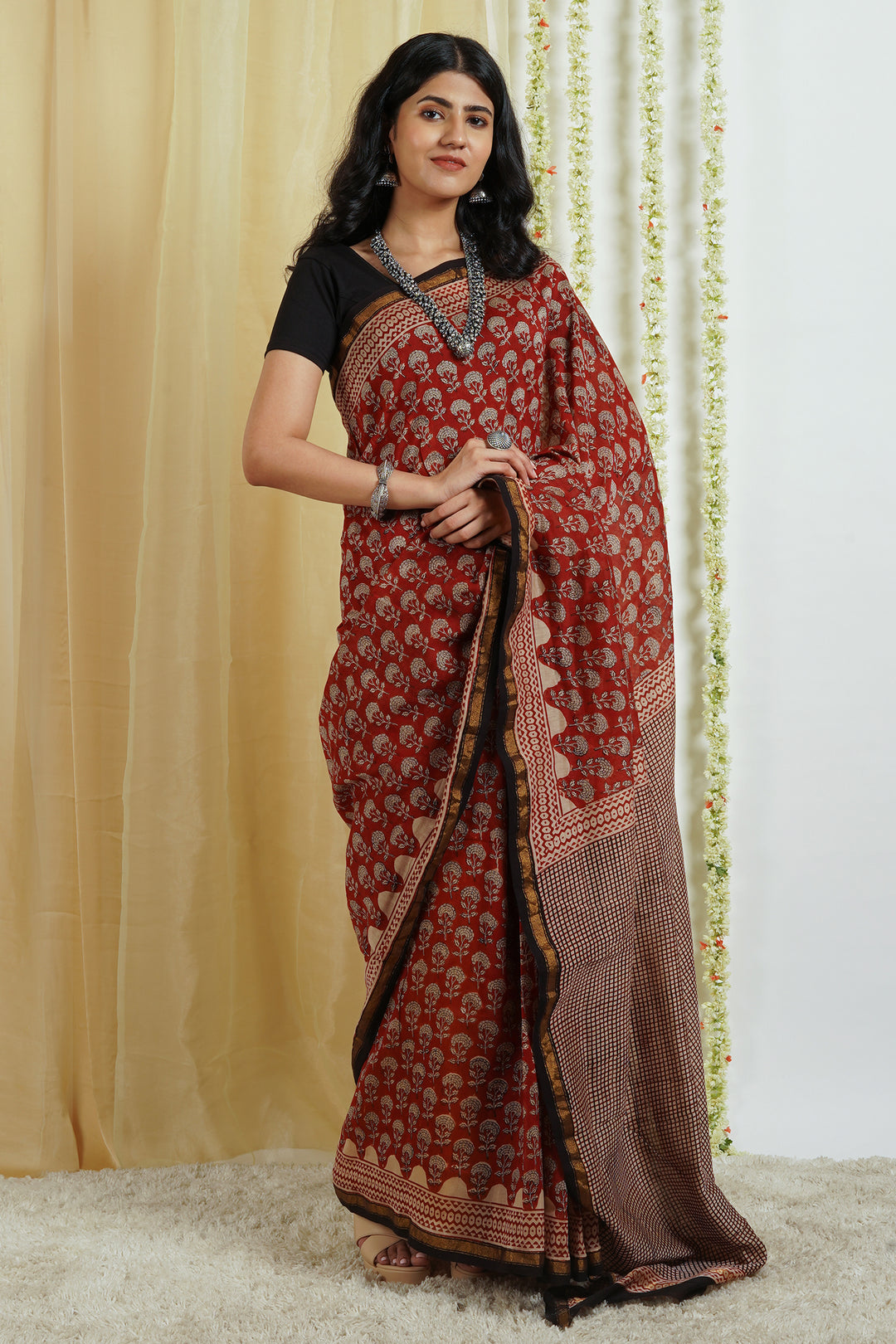 Teejh Rustic Maroon Block Print Chanderi Cotton Saree With Blouse Piece