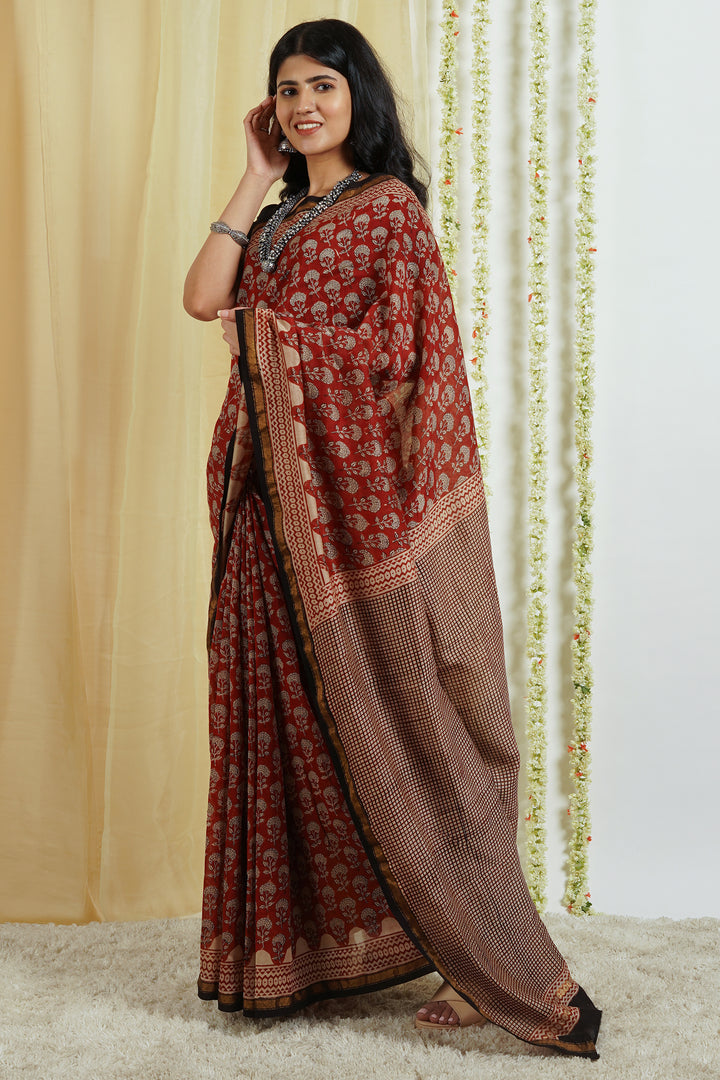 Teejh Rustic Maroon Block Print Chanderi Cotton Saree With Blouse Piece