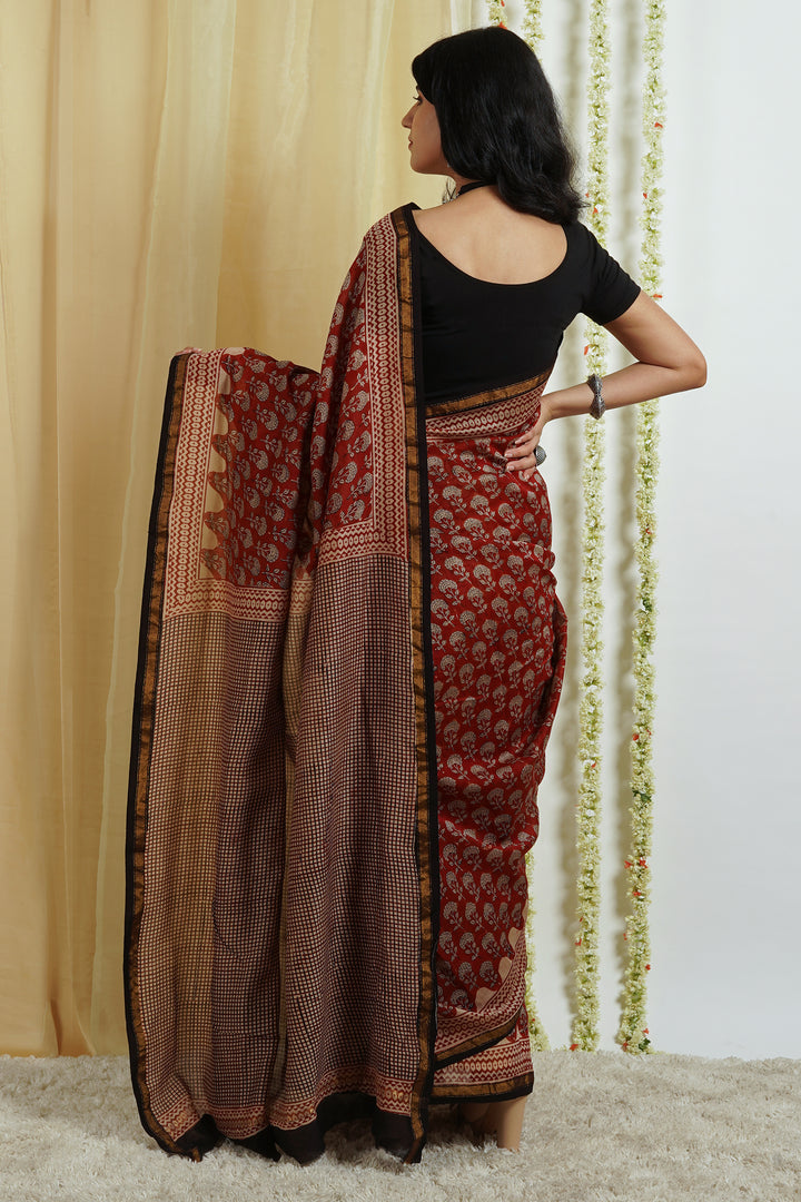 Teejh Rustic Maroon Block Print Chanderi Cotton Saree With Blouse Piece