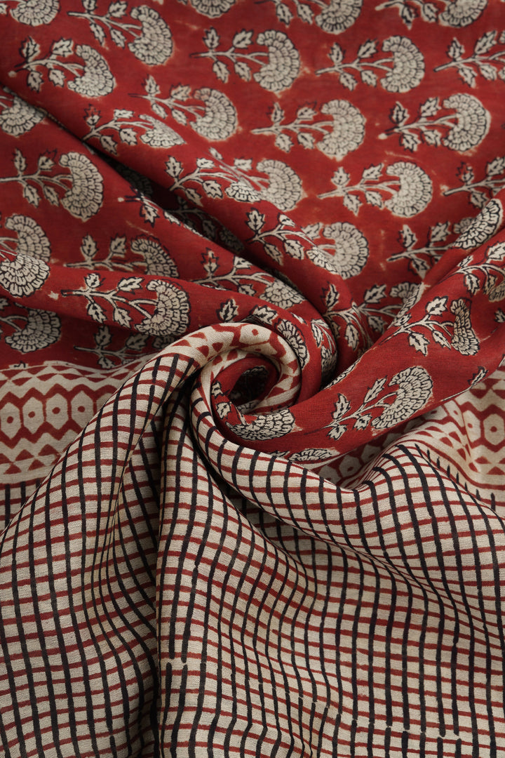 Teejh Rustic Maroon Block Print Chanderi Cotton Saree With Blouse Piece