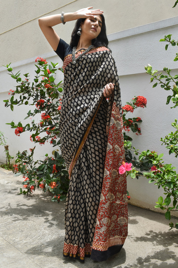 Teejh Nitya Black Block Print Chanderi Cotton Saree With Blouse Piece