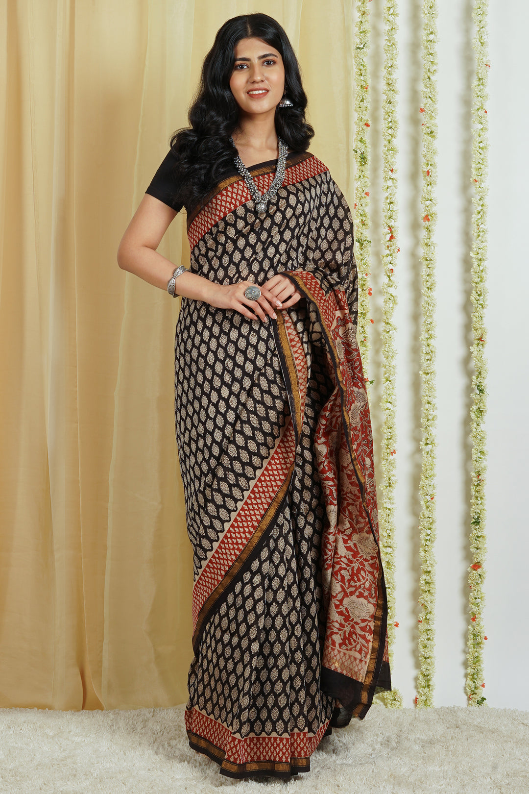 Teejh Nitya Black Block Print Chanderi Cotton Saree With Blouse Piece