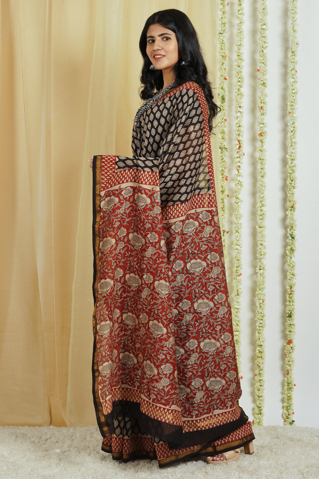 Teejh Nitya Black Block Print Chanderi Cotton Saree With Blouse Piece