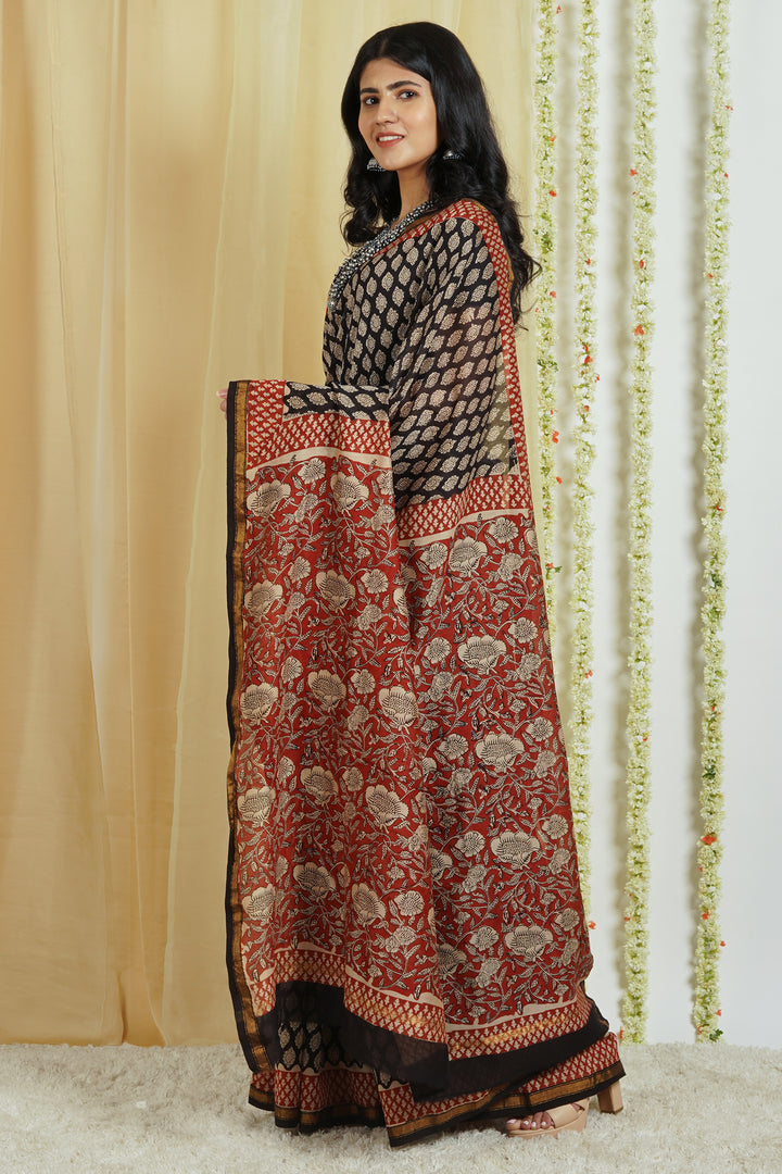 Teejh Nitya Black Block Print Chanderi Cotton Saree With Blouse Piece