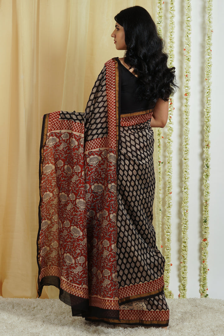 Teejh Nitya Black Block Print Chanderi Cotton Saree With Blouse Piece