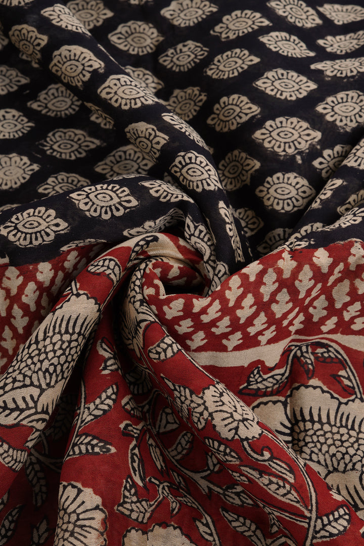 Teejh Nitya Black Block Print Chanderi Cotton Saree With Blouse Piece