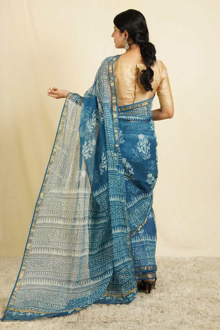 Teejh Tranquil Waves Blue Block Print Kota Saree with Blouse Piece