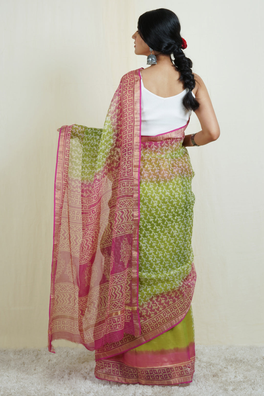 Teejh Khilti Kali Green and Pink Block Print Kota Saree with Blouse Piece