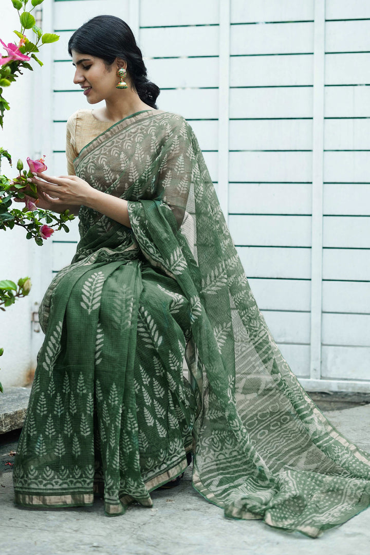 Teejh Green Haze Block Print Dark Green Kota Saree with Blouse Piece