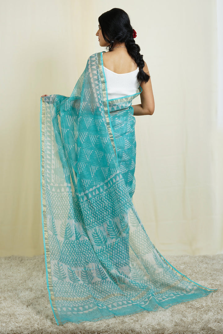 Teejh Misty Blue Block Print Kota Saree with Blouse Piece