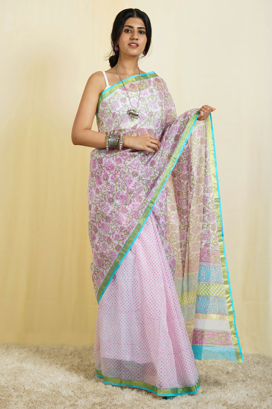 Teejh Udipti Pink Block Print Kota Saree With Blouse Piece